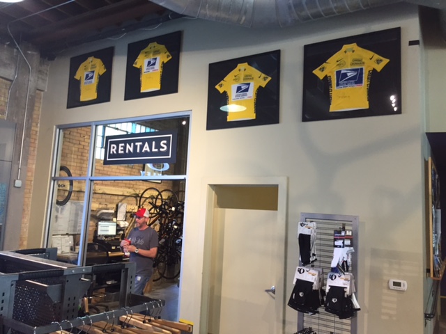 Four of Seven Yellow Jerseys at Mellow Johnny's. I think the Tour de France called and want these baclk.